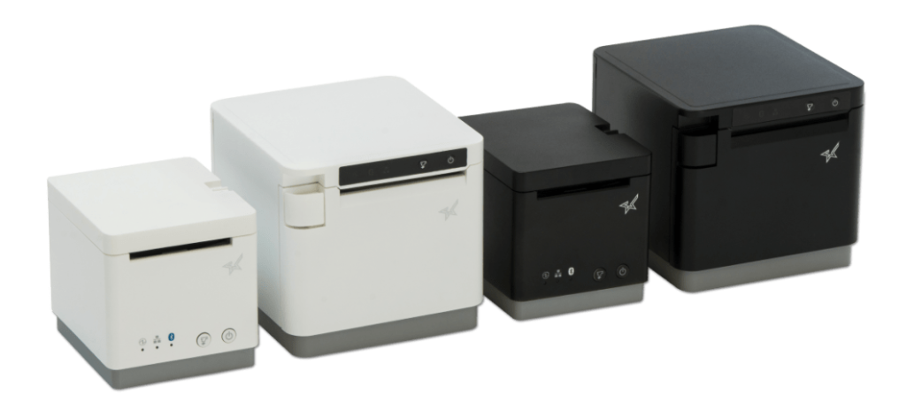 Black and white mC-Print2 and mC-Print3 thermal receipt printers by Star Micronics.