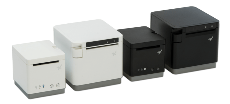Black and white mC-Print2 and mC-Print3 thermal receipt printers by Star Micronics.