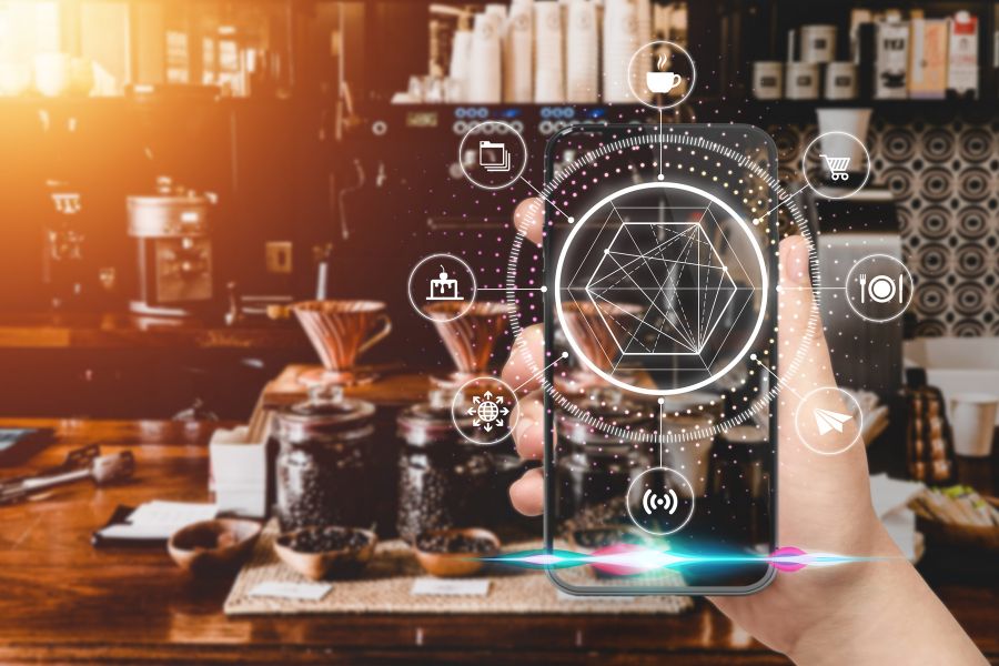 AI technology and data analysis helping a cafe business owner.