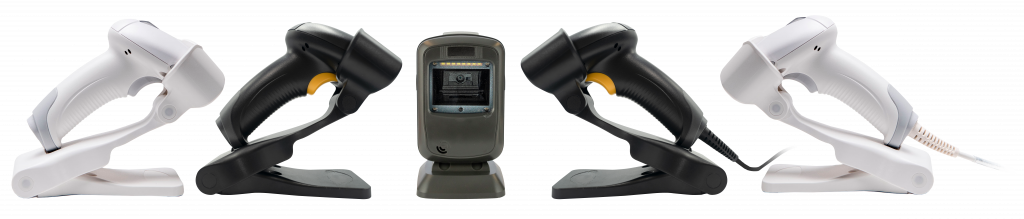 All five 2D barcode scanners by Star Micronics - white and black wireless, one desktop, and a white and black wired handheld.