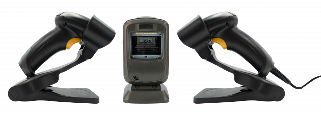 A wireless, desktop, and wired handheld barcode scanner, all in black.