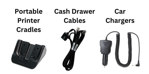 POS accessories by Star Micronics, including a portable printer cradle, cash drawer cables, and car charger.
