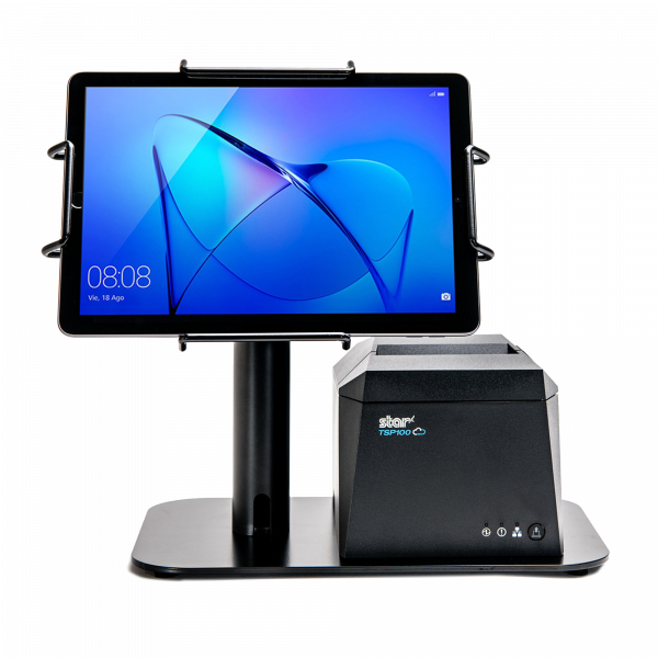 The EZ POS tablet stand by Star Micronics. Shown in black with TSP143IV receipt printer.