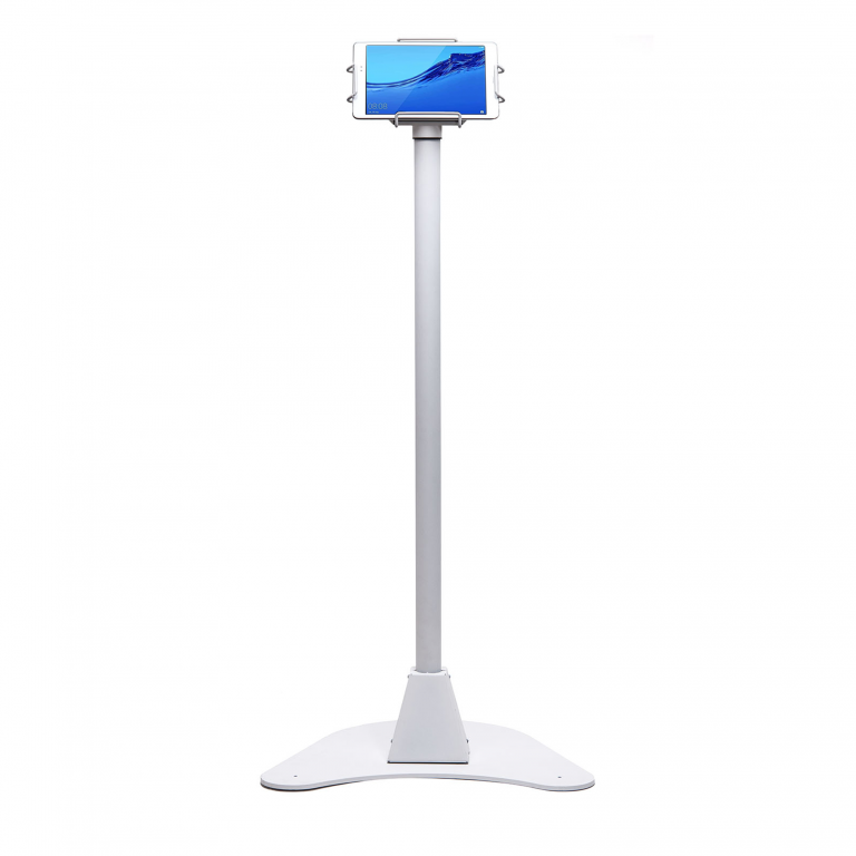A self-service kiosk stand holding a tablet.