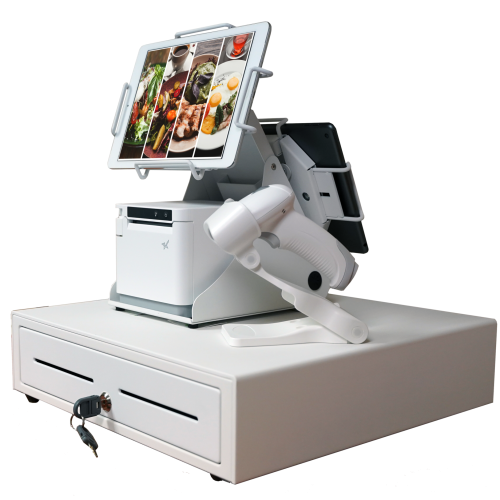 An all-white point-of-sale system consisting of a cash drawer, an mC-Print3 printer, a wireless scanner, and tablets affixed on top.