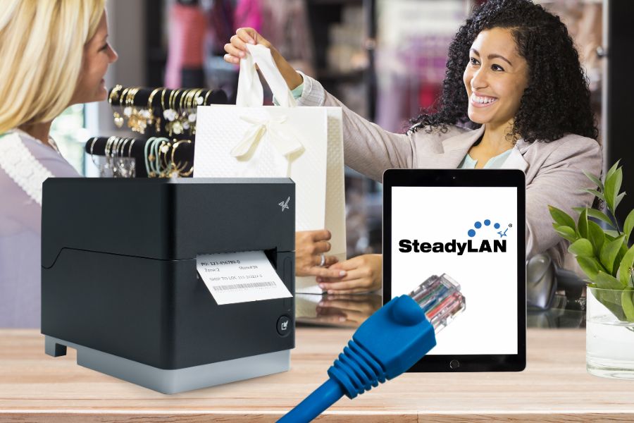 SteadyLAN by Star Micronics allows a networked printer to share internet service with your tablet or device.