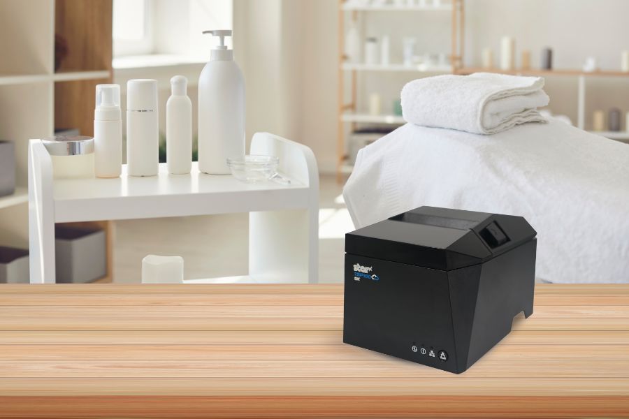 The TSP143IV SK linerless sticky label printer by Star Micronics is a great choice for spas, salons, and beauty parlors.