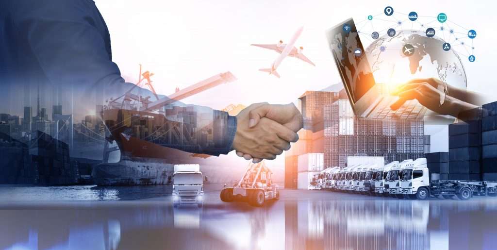 A handshake with business, industry, warehouse, and transportation background.