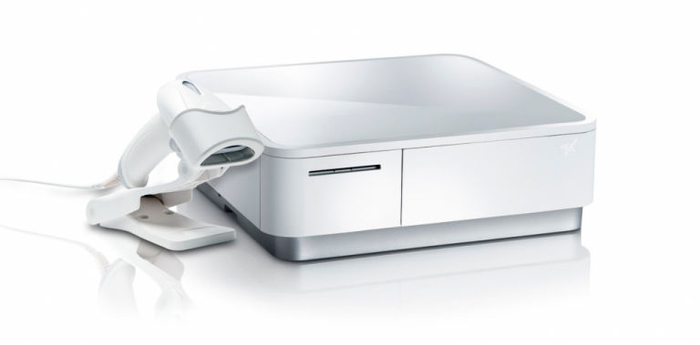 White mPOP and 2D barcode scanner by Star Micronics.