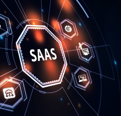 SaaS in tech cloud on black background.